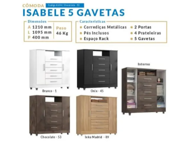 Cômoda Isabele com cinco gavetas - Holanda Móveis, Praia Grande