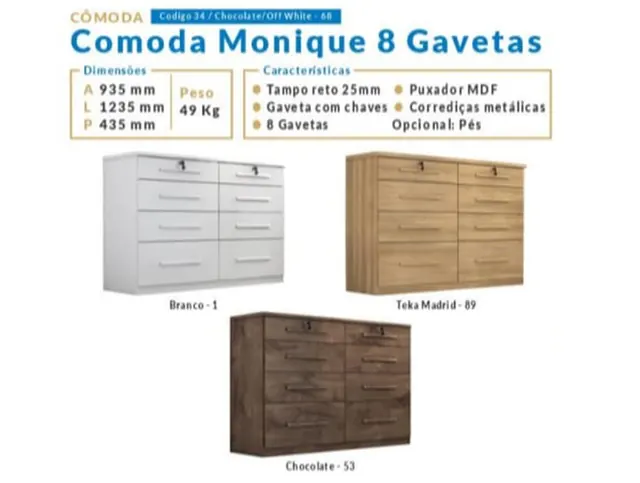 Cômoda Monique com oito gavetas - Holanda Móveis, Praia Grande
