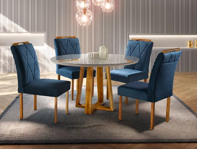 Mesa de jantar redonda com cadeiras azuis - Holanda Móveis, Praia Grande