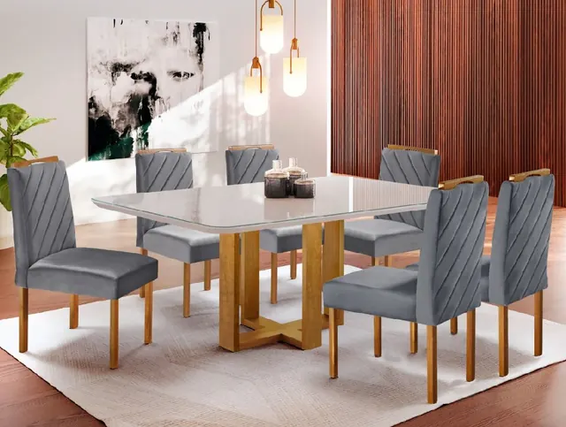 Mesa de jantar com seis cadeiras estofadas cinza - Holanda Móveis, Praia Grande