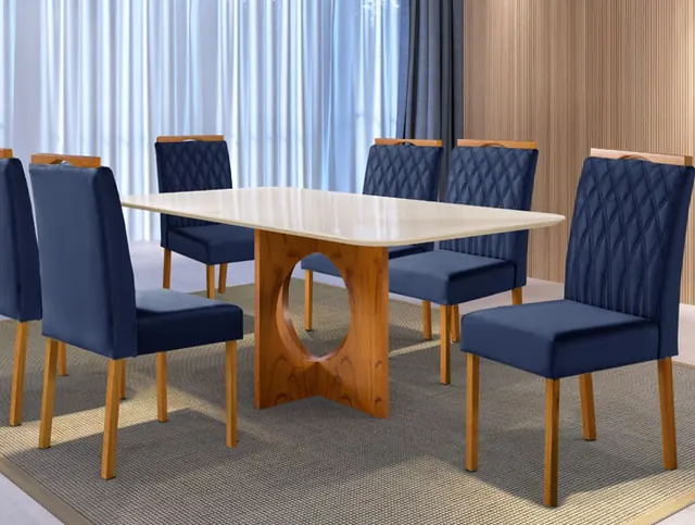 Mesa de jantar com cadeiras azuis - Holanda Móveis, Praia Grande
